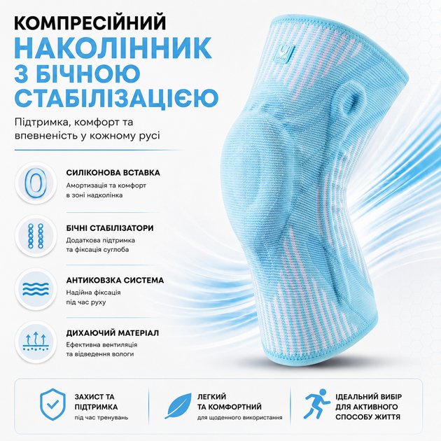 Наколенник компрессионный с боковыми стабилизаторами и силиконовым кольцом Vilico AB162 размер M 1шт голубой, для бега и фитнеса - изображение 2
