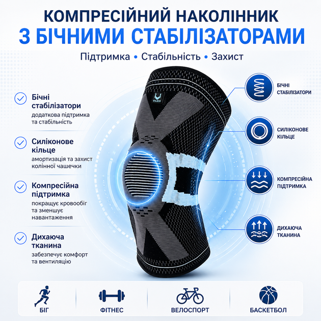 Наколенники компрессионные с боковыми стабилизаторами и силиконовым кольцом Vilico AB110 размер L 2 шт, синие - изображение 2