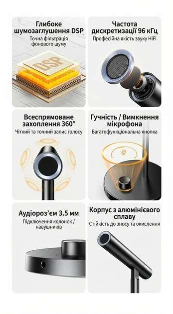 Настольный USB микрофон Ugreen для ПК 96 кГц/24 бит 360° DSP с шумоподавлением 3.5 мм Black (CM379) - Фото 8 Настольный USB микрофон Ugreen для ПК 96 кГц/24 бит 360° DSP с шумоподавлением 3.5 мм Black (CM379) - изображение 8