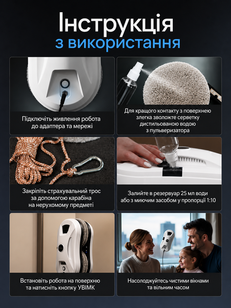 Робот для мойки окон с автоматическим ультразвуковым распилом, для зеркал, плитки, витрин и стекла, с пультом, Белый - изображение 7