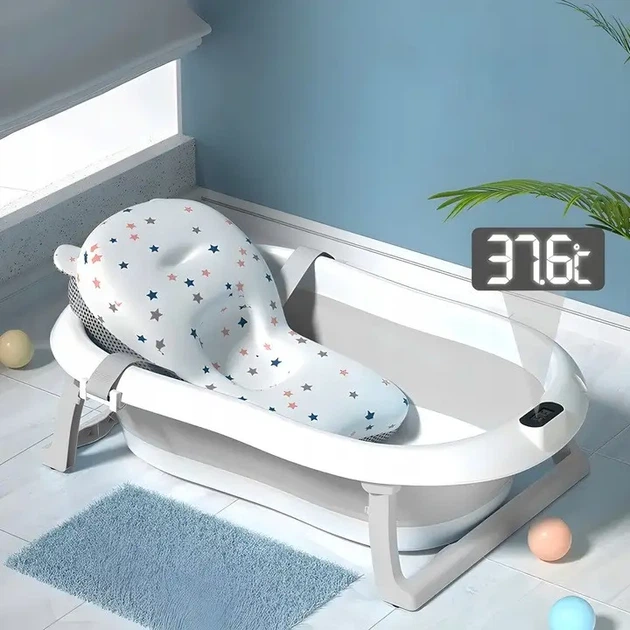 Дитяча ванночка складна Hanert KinderBad Grey для купання новонародженої дитини немовлят з термометром зі зливом і вкладишем подушкою на ніжках - Фото 1 Дитяча ванночка складна Hanert KinderBad Grey для купання новонародженої дитини немовлят з термометром зі зливом і вкладишем подушкою на ніжках - изображение 1