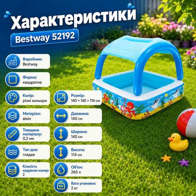 Детский надувной бассейн Bestway 52192 квадратный с навесом для малышей, виниловая модель для летнего купания, двухкамерная конструкция с двойными клапанами, гладкое дно, 140×140×114 см, 265 л - изображение 5