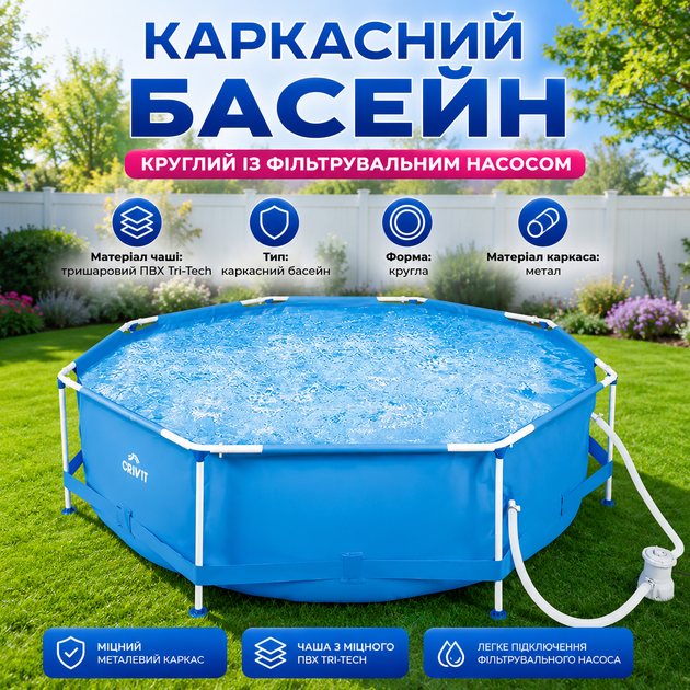 Каркасный бассейн круглый с фильтрующим насосом, металлической рамой, картриджем, трехслойной чашей Tri-Tech ПВХ, сливным клапаном, комплектом для ремонта, объемом 4383 л, размер 300×76 см - изображение 2