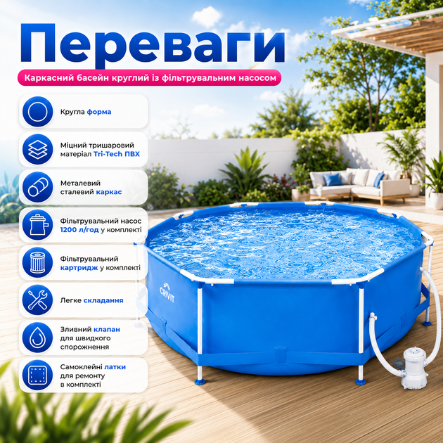Каркасный бассейн круглый с фильтрующим насосом, металлической рамой, картриджем, трехслойной чашей Tri-Tech ПВХ, сливным клапаном, комплектом для ремонта, объемом 4383 л, размер 300×76 см - изображение 3