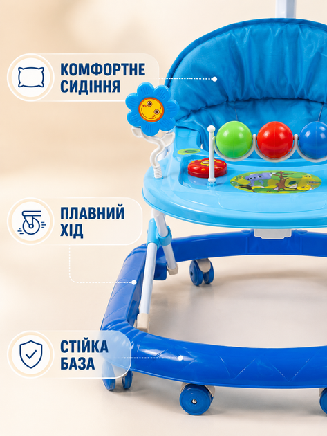 Детские ходунки с игровой панелью родительской ручкой козырьком колесами для первых шагов голубые (49676181) - изображение 7