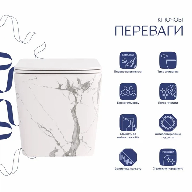 Унитаз подвесной Qtap Tern Ultra Quiet 520x345x325 мм Дюропласт Marble - изображение 3