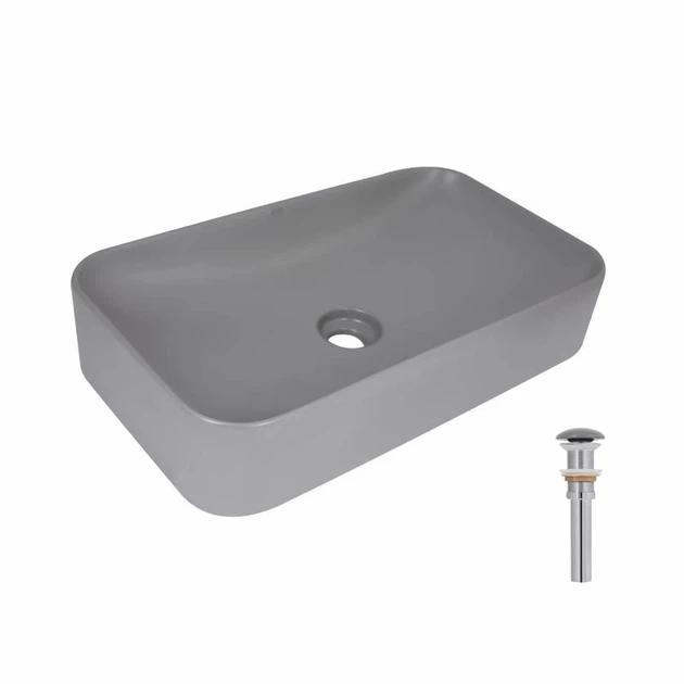 Накладная раковина Qtap Tern 610x350x135 мм керамическая серого цвета с донным клапаном - Фото 1 Накладная раковина Qtap Tern 610x350x135 мм керамическая серого цвета с донным клапаном - изображение 1