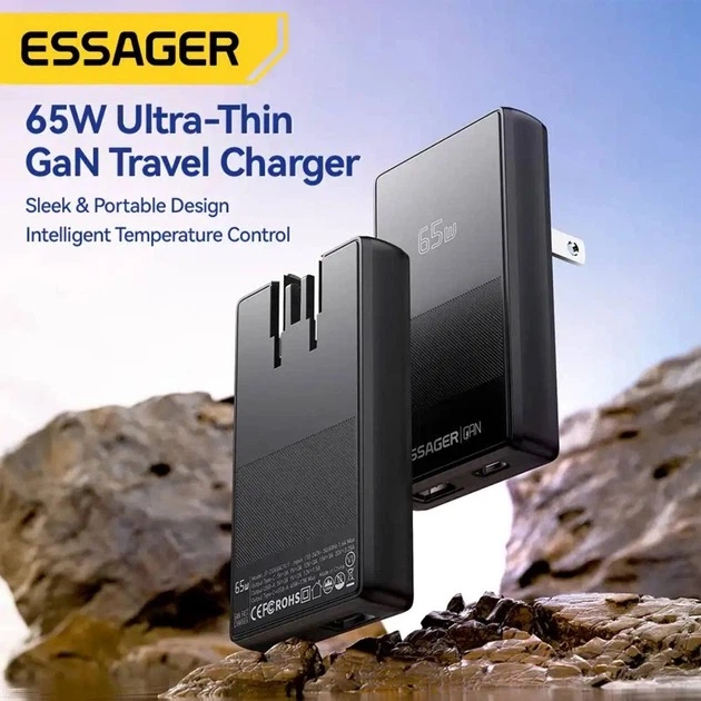 Зарядное устройство для быстрой зарядки Essager Ultra Thin Gan 65W Черный (ECT65W-QCB01-Z) - Фото 2 Зарядное устройство для быстрой зарядки Essager Ultra Thin Gan 65W Черный (ECT65W-QCB01-Z) - изображение 2