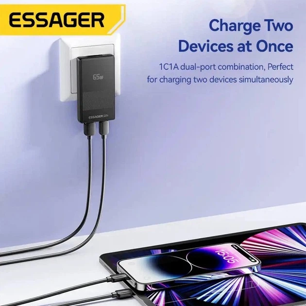 Зарядное устройство для быстрой зарядки Essager Ultra Thin Gan 65W Черный (ECT65W-QCB01-Z) - Фото 7 Зарядное устройство для быстрой зарядки Essager Ultra Thin Gan 65W Черный (ECT65W-QCB01-Z) - изображение 7