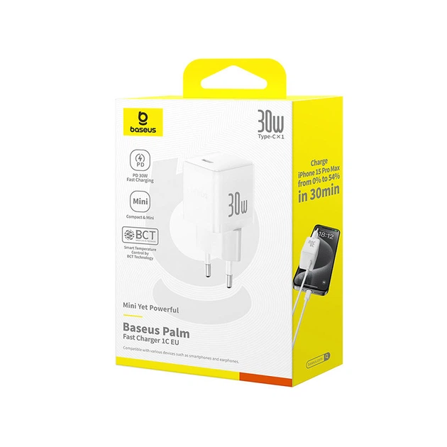 Мережевий зарядний пристрій Baseus Palm Fast Charger 1C 30W EU Moon White - изображение 2