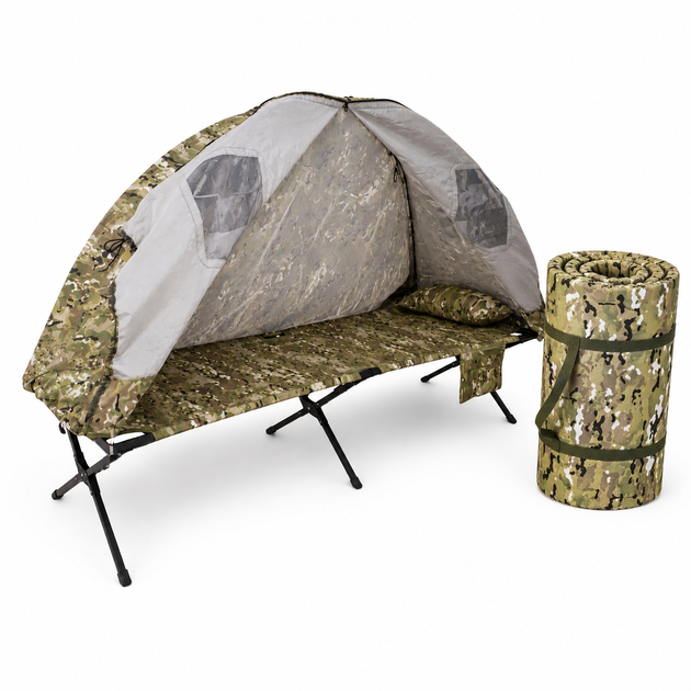 Раскладушка NEST HATO Multicam L 196×66 cм с матрасом, подушкой, карманом, чехлом и 1-местной палаткой - Фото 1 Раскладушка NEST HATO Multicam L 196×66 cм с матрасом, подушкой, карманом, чехлом и 1-местной палаткой - изображение 1