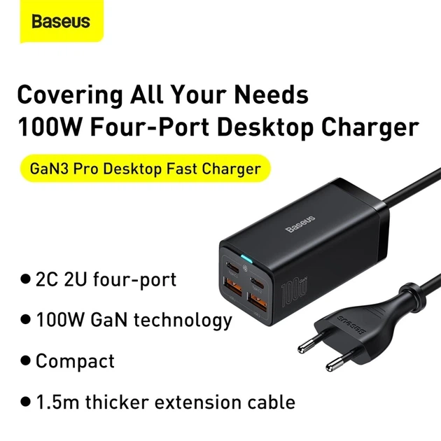 Мережевий зарядний пристрій Baseus GaN3 Pro Desktop Fast Charger 2U+2C 100W EU Black - Фото 11 Мережевий зарядний пристрій Baseus GaN3 Pro Desktop Fast Charger 2U+2C 100W EU Black - изображение 11