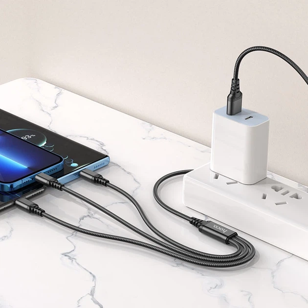 Кабель HOCO X76 3-in-1 Super charging cable (iP+Type-C+Micro) Black - Фото 5 Кабель HOCO X76 3-in-1 Super charging cable (iP+Type-C+Micro) Black - изображение 5