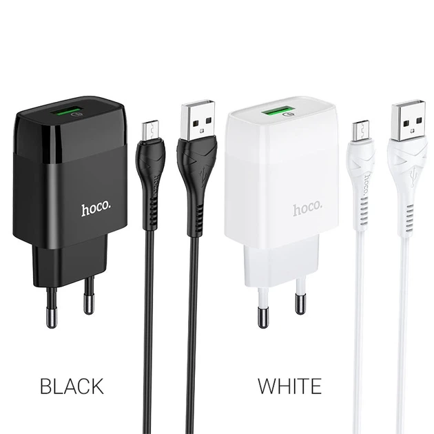 Мережевий зарядний пристрій з кабелем HOCO C72Q Glorious single port QC3.0 charger set(Micro) 18W White - Фото 4 Мережевий зарядний пристрій з кабелем HOCO C72Q Glorious single port QC3.0 charger set(Micro) 18W White - зображення 4