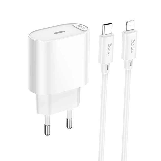 Мережевий зарядний пристрій з кабелем HOCO C109A(PD20W) Fighter single port PD20W charger set(C to iP) White - Фото 1 Мережевий зарядний пристрій з кабелем HOCO C109A(PD20W) Fighter single port PD20W charger set(C to iP) White - изображение 1