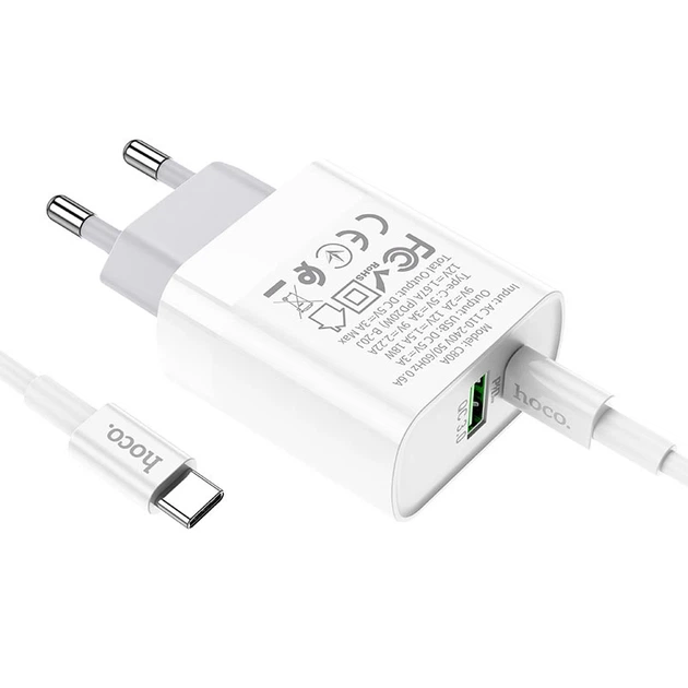 Мережевий зарядний пристрій з кабелем HOCO C80A Rapido PD20W+QC3.0 charger set (Type-C TO Type-C)(EU) White - Фото 7 Мережевий зарядний пристрій з кабелем HOCO C80A Rapido PD20W+QC3.0 charger set (Type-C TO Type-C)(EU) White - изображение 7