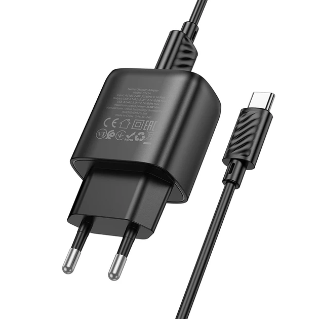 Мережевий зарядний пристрій з кабелем HOCO C141A Smart dual-port charger set(Type-C) Black - изображение 4