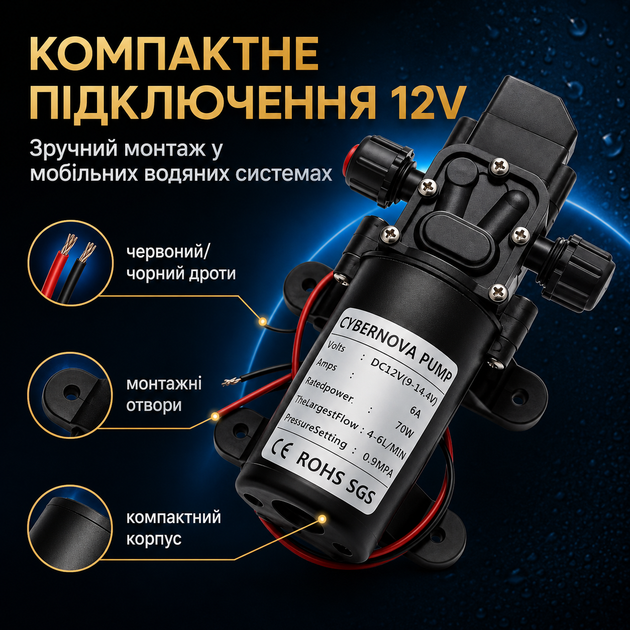 Водяний насос CYBERNOVA DC 12 В 131 PSI високого тиску для човнів кемперів і саду - зображення 3
