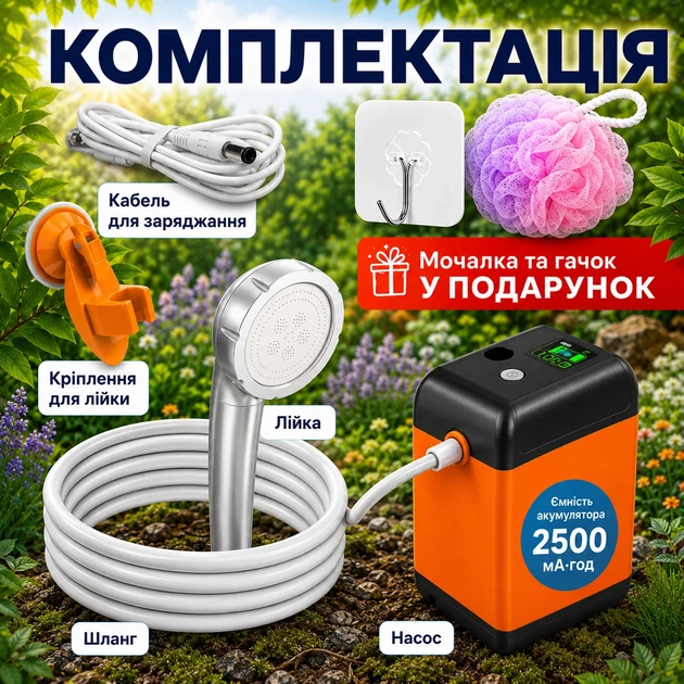 Портативний душ акумуляторний 3.7V з дисплеєм температури та USB зарядкою, туристичний душ для кемпінгу - изображение 5