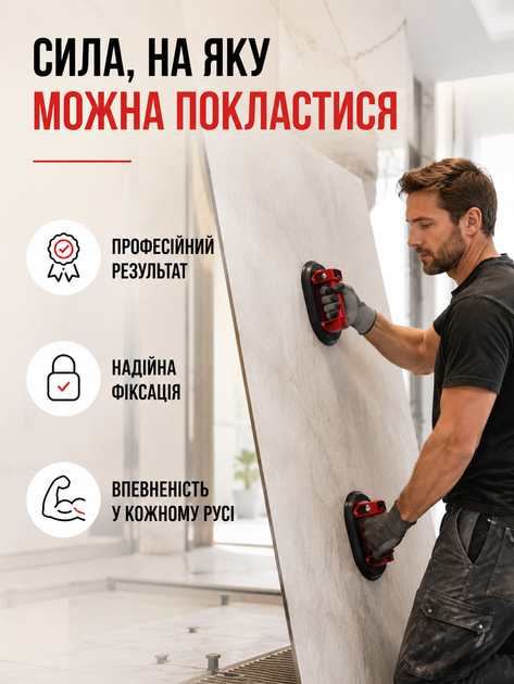 Аккумуляторная вакуумная присоска овальная для плитки стекла керамогранита до 300 кг с кейсом черно-красная (49676185) - изображение 7