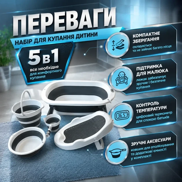 Детская складная ванночка для купания «5 в 1» с подставкой, лежаком, цифровым термометром, складным ковшиком и органайзером, для новорожденных, младенцев и малышей с рождения - изображение 2