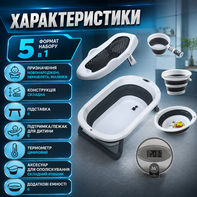 Детская складная ванночка для купания «5 в 1» с подставкой, лежаком, цифровым термометром, складным ковшиком и органайзером, для новорожденных, младенцев и малышей с рождения - изображение 3