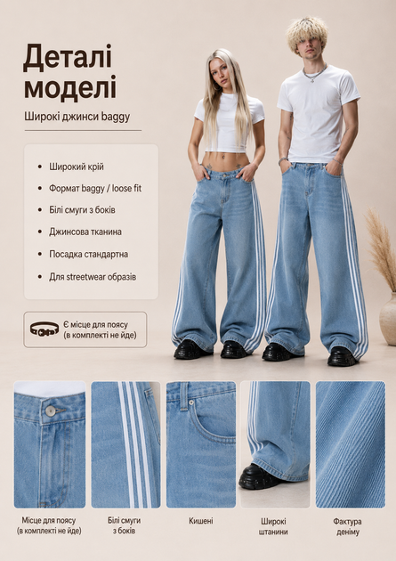 Широкие джинсы baggy синие - streetwear брюки loose fit с белыми полосами, размер XL - изображение 4