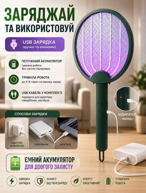 Светодиодная ультрафиолетовая ловушка для комаров 3 в 1 с аккумулятором 800 мАч и временем работы 3–6 часов Зеленый - изображение 2