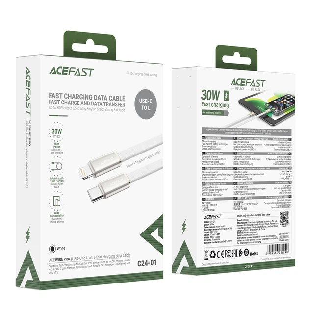 Кабель Acefast C24-01 Type-C – Lightning 30 Вт 1.2 м білий - Фото 2 Кабель Acefast C24-01 Type-C – Lightning 30 Вт 1.2 м білий - изображение 2