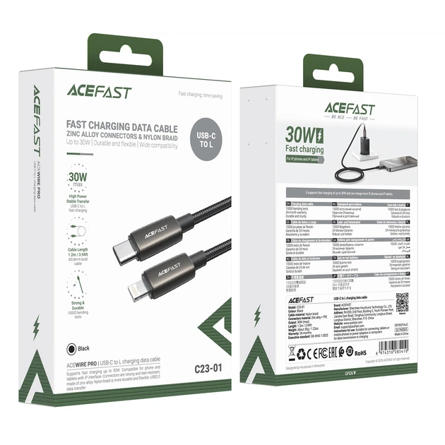 Кабель ACEFAST C23-01 USB Type-C to Lightning 30W 1.2м Чорний - Фото 2 Кабель ACEFAST C23-01 USB Type-C to Lightning 30W 1.2м Чорний - изображение 2