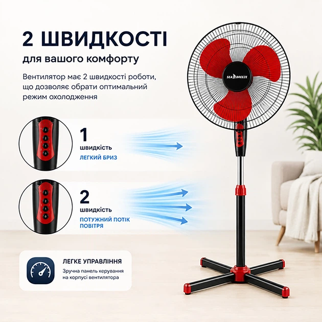 Вентилятор напольный SeaBreeze SB-035B 50 Вт, 2 скорости, автоповорот, регулируемая высота, красный - изображение 5