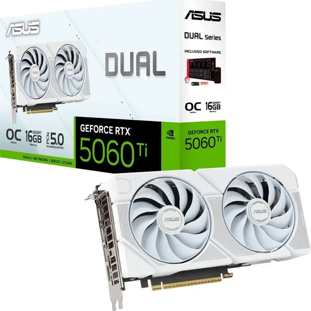 Видеокарта Asus Dual GeForce RTX 5060 Ti White OC (DUAL-RTX5060TI-O16G-WHITE) - Фото 1 Видеокарта Asus Dual GeForce RTX 5060 Ti White OC (DUAL-RTX5060TI-O16G-WHITE) - изображение 1
