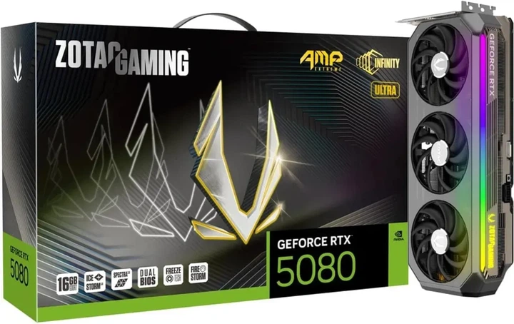 Видеокарта Zotac GeForce RTX 5080 GAMING AMP Extreme INFINITY ULTRA (ZT-B50800BU-10P) - Фото 1 Видеокарта Zotac GeForce RTX 5080 GAMING AMP Extreme INFINITY ULTRA (ZT-B50800BU-10P) - изображение 1