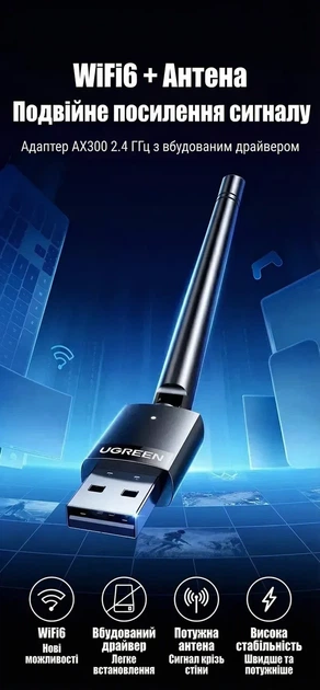 Wi-Fi адаптер UGREEN USB WIFI адаптер для ПК 2.4 ГГц 286 Мбит/с с внешней антенной 3 dBi Black (CM761) - изображение 2