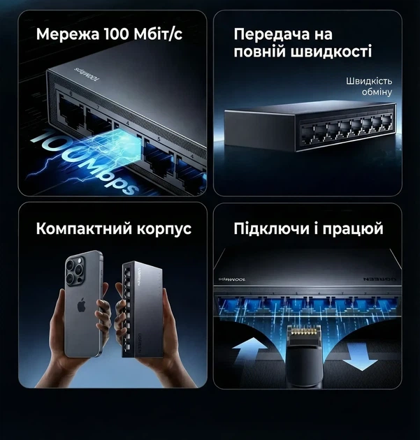 Коммутатор сетевой UGREEN 8-портовый Gigabit Ethernet Switch в алюминиевом корпусе Black (CM632) - изображение 5