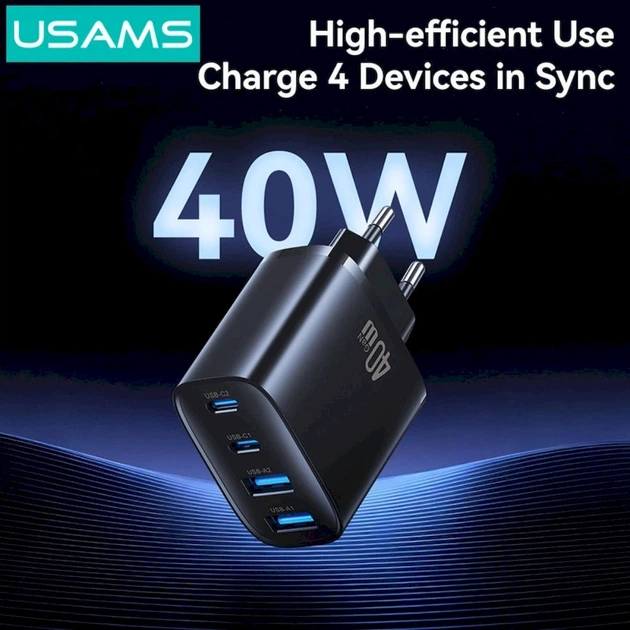 Ładowarka sieciowa do Usams US-CC330 T70 2xUSB-A + 2xUSB-C 40W GaN Fast Charger Black (CC330TC01) - obraz 3