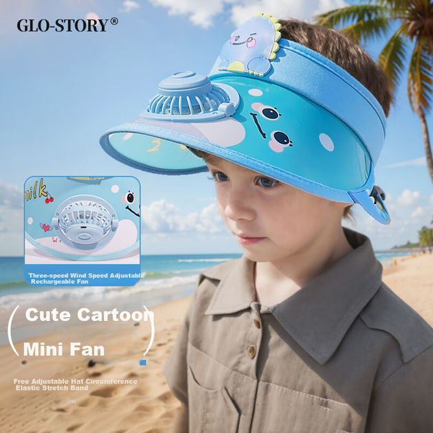 Детская летняя солнцезащитная шляпа GLO-STORY с широкими полями и козырьком в виде веера, с мультяшным динозавром, веерный стиль - светло-голубая. - изображение 4