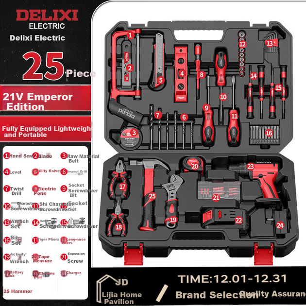 Многофункциональная литиевая аккумуляторная дрель DELIXI ELECTRIC, бытовой ящик для инструментов, набор для ремонта и обслуживания металлоконструкций и электроинструментов, специальный ремонтный комплект для деревообработки DLX-FDR1204 - Фото 4 Многофункциональная литиевая аккумуляторная дрель DELIXI ELECTRIC, бытовой ящик для инструментов, набор для ремонта и обслуживания металлоконструкций и электроинструментов, специальный ремонтный комплект для деревообработки DLX-FDR1204 - изображение 4