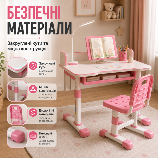 Детская парта со стулом, регулируемая, растущий комплект для школьника, учебный стол с LED-лампой, подставкой для книг и выдвижным ящиком, эргономичная мебель для учебы, рисования и творчества, розовый - изображение 6