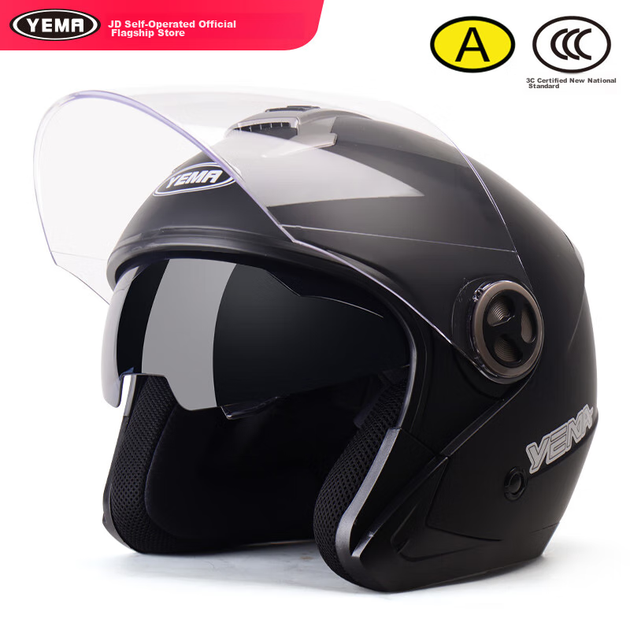 Мотоциклетный шлем YEMA 3C Certified 623S для электромотоциклов, защитный шлем для мужчин и женщин, зимний полушлем с двумя линзами, универсальный всесезонный размер, матовый черный с прозрачным визором. - изображение 4