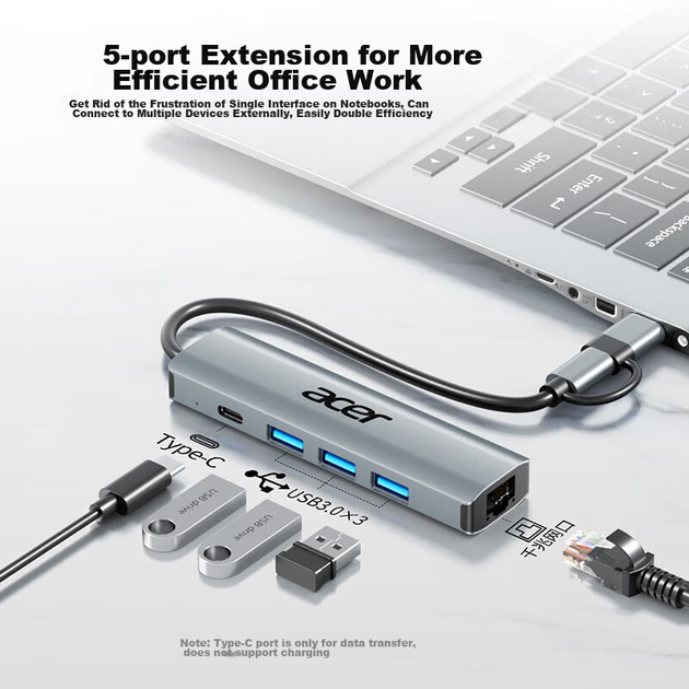 Концентратор USB Acer Type-C, гігабітний Ethernet, для MacBook - зображення 5