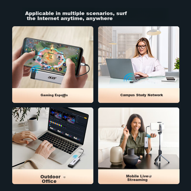 Док-станция расширения Acer Type-C с SIM-картой, мгновенным доступом в интернет 4G, зеркальным отображением экрана HDMI 4K 60 Гц, разветвителем Converter Hub 3.0, подходит для ноутбуков, устройств Apple и Huawei. - Фото 4 Док-станция расширения Acer Type-C с SIM-картой, мгновенным доступом в интернет 4G, зеркальным отображением экрана HDMI 4K 60 Гц, разветвителем Converter Hub 3.0, подходит для ноутбуков, устройств Apple и Huawei. - зображення 4