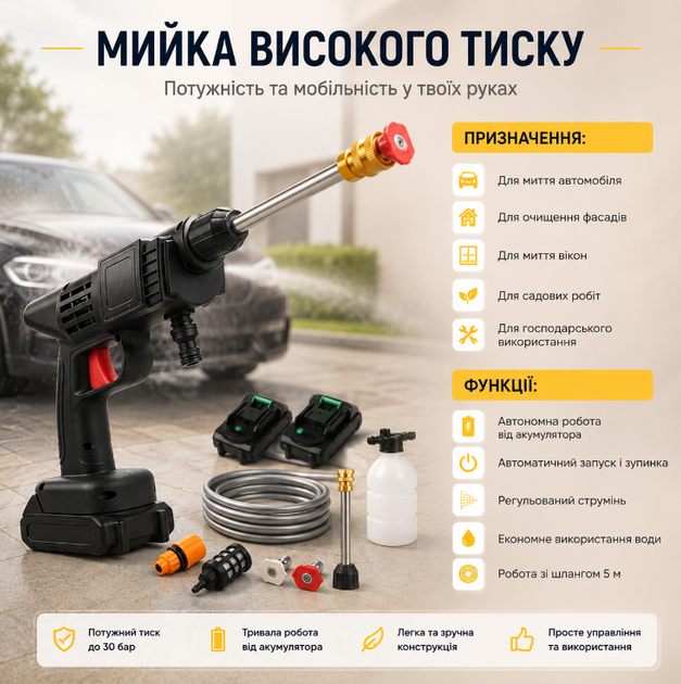 Мойка высокого давления Water Gun 48V с двумя аккумуляторами, 300 Вт, шлангом 5 м и кейсом для мойки автомобиля - изображение 4