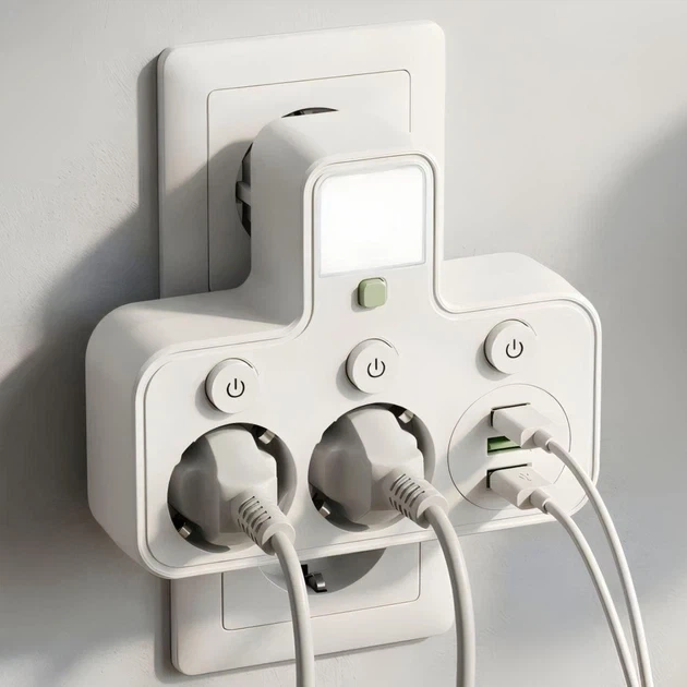 Сетевой фильтр J23 с ночником и 2 розетками 2500 Вт 3 порта USB Type-C Белый - изображение 5