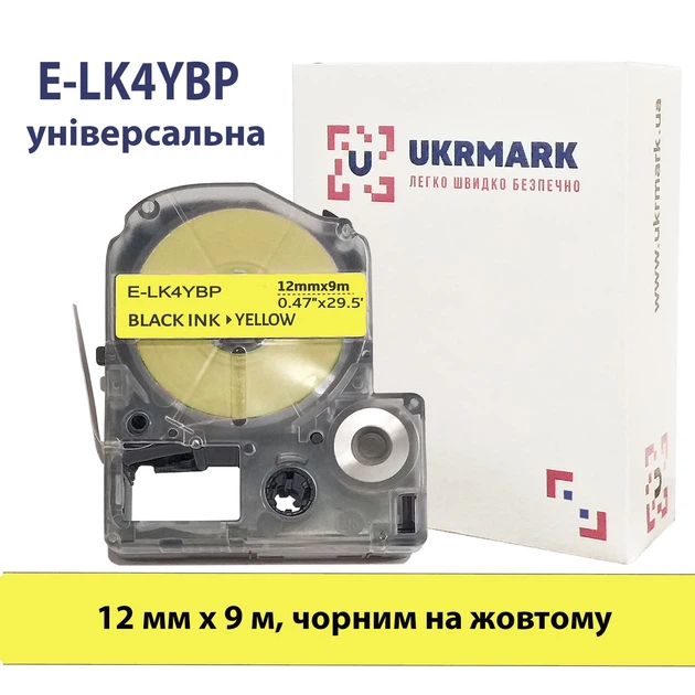 Лента для принтеров этикеток UKRMARK E-LK4YBP, Универсальная, 12мм х 9м, Черным на желтом (совместима с Epson LK-4YBP - изображение 2