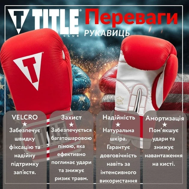 Боксерские перчатки TITLE натуральная кожа 16 oz красные с белым - изображение 3