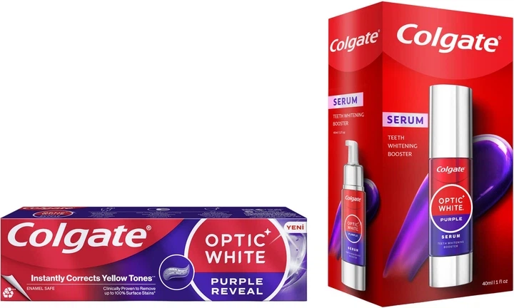 Набір для відбілювання зубів Colgate Optic White Сироватка для зубів Фіолетовий Ефект Відбілювання 40 мл + Зубна паста 75 мл (2000999993756) - Фото 1 Набір для відбілювання зубів Colgate Optic White Сироватка для зубів Фіолетовий Ефект Відбілювання 40 мл + Зубна паста 75 мл (2000999993756) - зображення 1