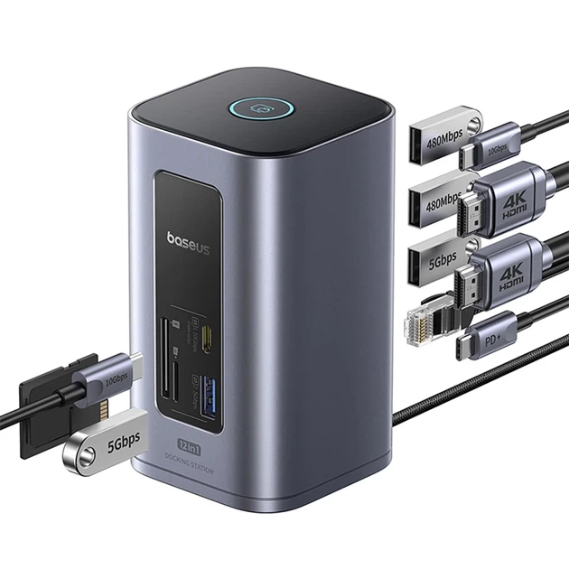 Док-станция Baseus NU1 Air Spacemate hub 12в1 USB-C - 2xHDMI 4K@60Hz 2xUSB-C 10Gb/s 2xUSB-A 5Gb/s 2xUSB-A (480Mb/s) RJ45 SD/microSD 3.0 USB-C (PD) (69 - Фото 4 Док-станция Baseus NU1 Air Spacemate hub 12в1 USB-C - 2xHDMI 4K@60Hz 2xUSB-C 10Gb/s 2xUSB-A 5Gb/s 2xUSB-A (480Mb/s) RJ45 SD/microSD 3.0 USB-C (PD) (69 - изображение 4
