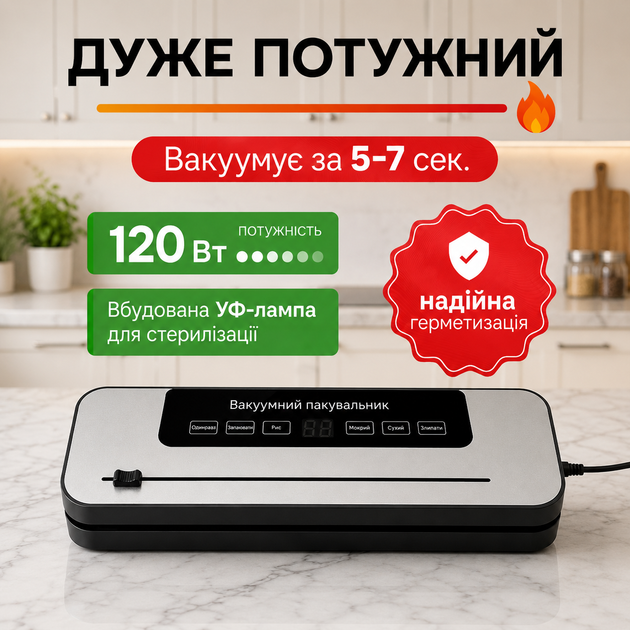 Вакууматор для сухих и влажных продуктов, вакуумный упаковщик со встроенным ножом + 10 пакетов - изображение 3