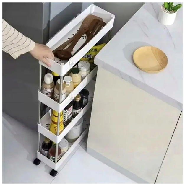 Полка этажерка мобильная на колесах 4 уровня для кухни ванной комнаты белая RUHHY LS-2966 - изображение 9